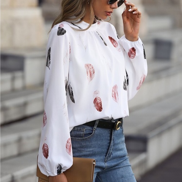 Boho Feather Print Long Sleeve Top Blouse Shirt White - Picture 6 of 7